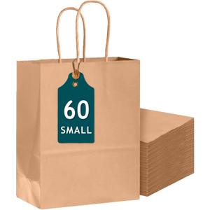 Bakepacker 60-Pack Small Size Gift Paper Bags with Handles Bulk 8.3"x6"x3.15" Brown Party Kraft Shopping Bags