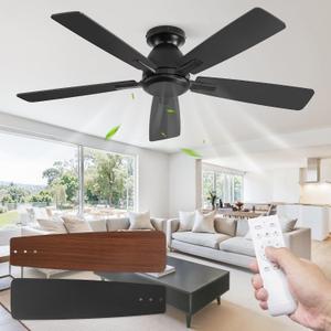 Fanbulous 46 Inch Flush Mount Ceiling Fan No Light with Remote, Black Modern Low Profile Ceiling Fan Without Light,6-Speeds, Quiet Reversible DC Motor, Indoor&Outdoor Ceiling Fans for Bedroom, Living Room