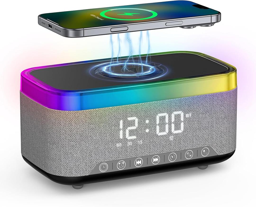 Alarm Clock with Wireless Charging, Alarm Clocks for Bedrooms, Bluetooth Alarm Clock, RGB Night Light - Multi-Functional Smart Alarm Clock for Adults & Teens Black
