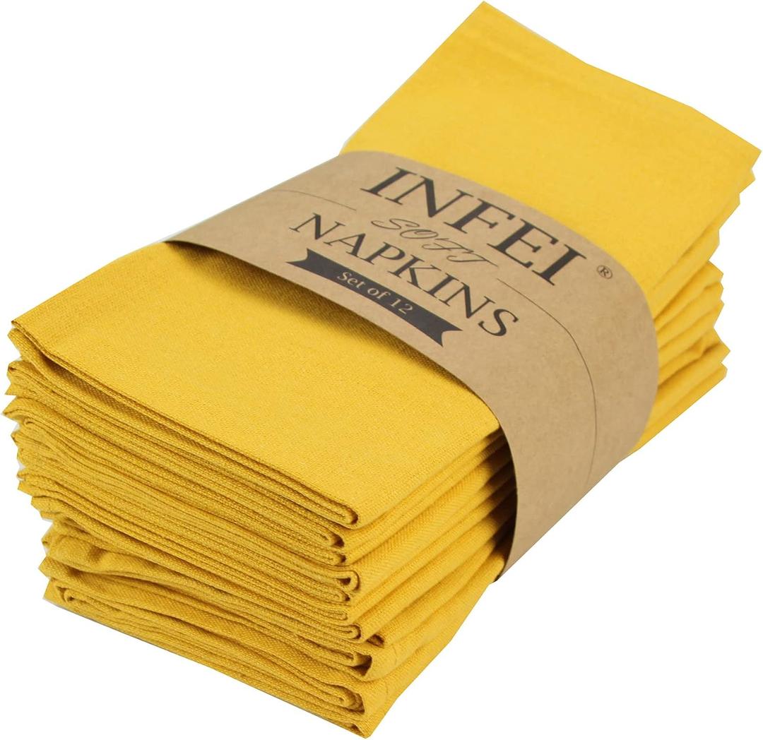 Solid Color Cotton Blended Dinner Cloth Napkins - Set of 12 (17 x 17 inches) - for Events & Home Use (Yellow)