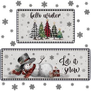 2 Pieces Hello Winter Snowman Kitchen Rugs Set Snowflake Kitchen Mat Let It Snow Rug for Christmas Winter Home Holiday Decor 17x29 and 17x47 Inch(Red)