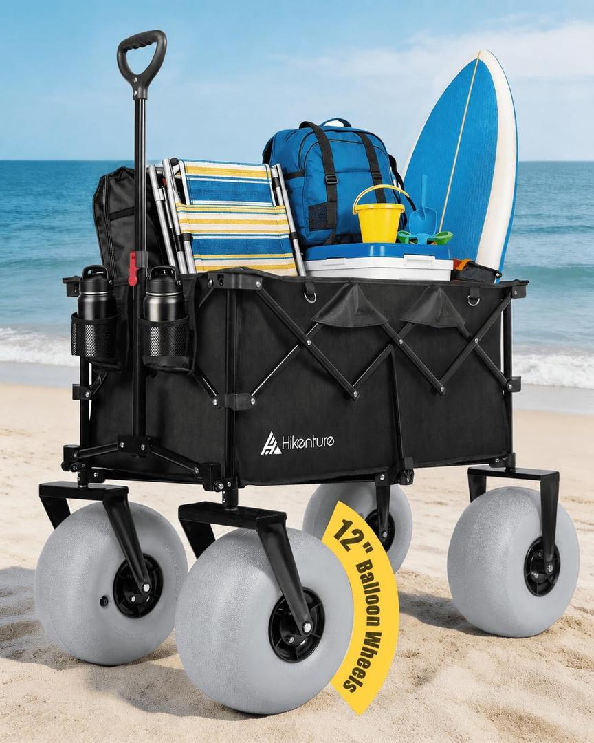 Hikenture Beach Wagon with 12" Balloon Wheels, Upgraded PU Tires Beach Cart | 500lbs Heavy Duty Collapsible wagon for Sand; Large Capacity Foldable Utility Wagon for Family Outings