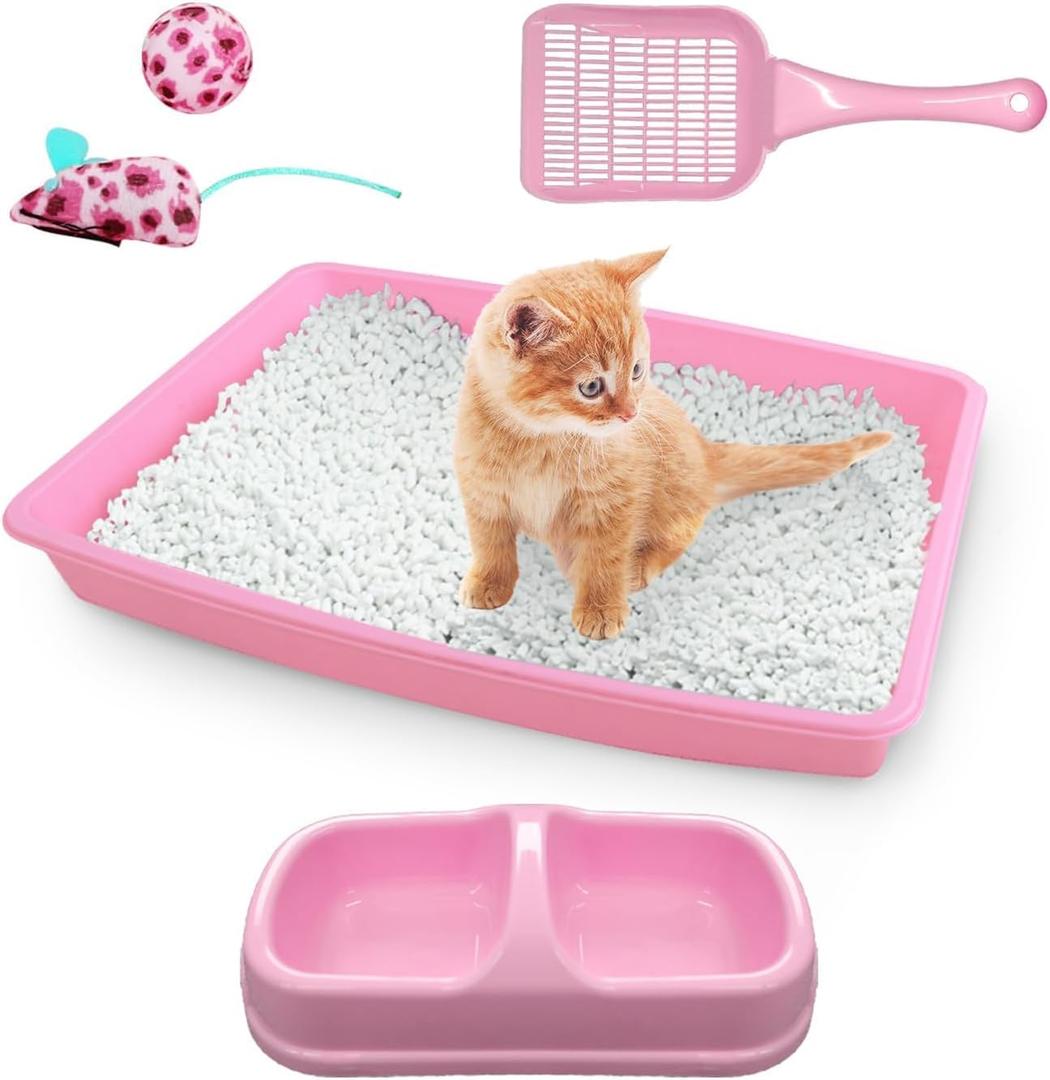 PAWISE Cat Litter Box Set, Small Kitten Starter Kit, Includes Litter Box, Litter Scoop, Double Dish Feeding Bowl, Cat Mouse Toy, Kitty Ball Toy, Pink (Pink(or Blue))