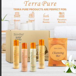 Terra Pure Amenity Kit | Boxed Hotel Toiletries Bulk Set | 1 oz Shampoo, Conditioner, Lotion, Body Wash & Cleansing Bar | 60 units of 5 pieces. Sample Pack