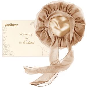YANIBEST Breathable Soft Silk Bonnet for Sleeping, Breeze Satin Bonnet with Tie Band Hair Wrap Less Frizz Natural Curly Hair (Champagne)