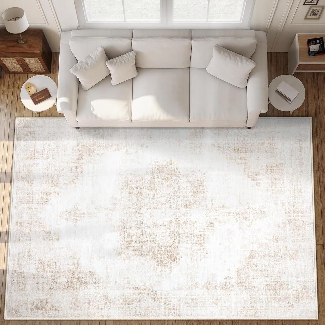 Area Rug 10x14 Vintage Rugs: Large Washable Living Room Rug Retro Medallion Distressed Soft Low Pile Non-Slip Rugs Indoor Floor Carpet for Bedroom Nursery Dining Table Office (Beige,10'x14')