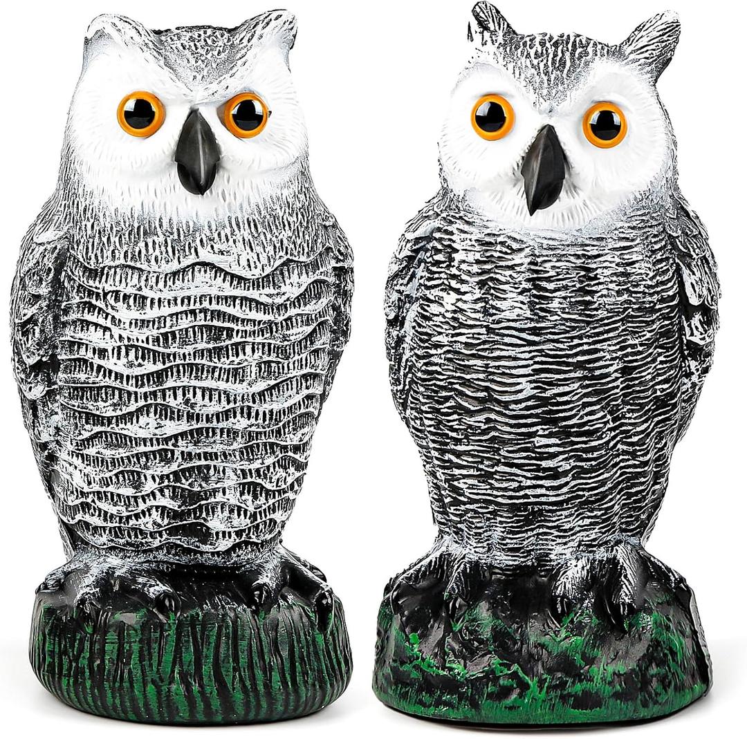 TRAYDER 2 Pack Fake Owl Decoys Large, Outdoor Decorations Anti Bird Repellent Owls for Garden Deterrent, Scarecrow Horned Owl (White)