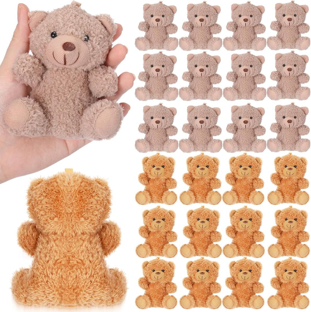 24 Pcs Mini Plush Bear Bulk Small Stuffed Animal DIY Keychain for Valentine's Day Gift Birthday Party (Dark + Light Brown)
