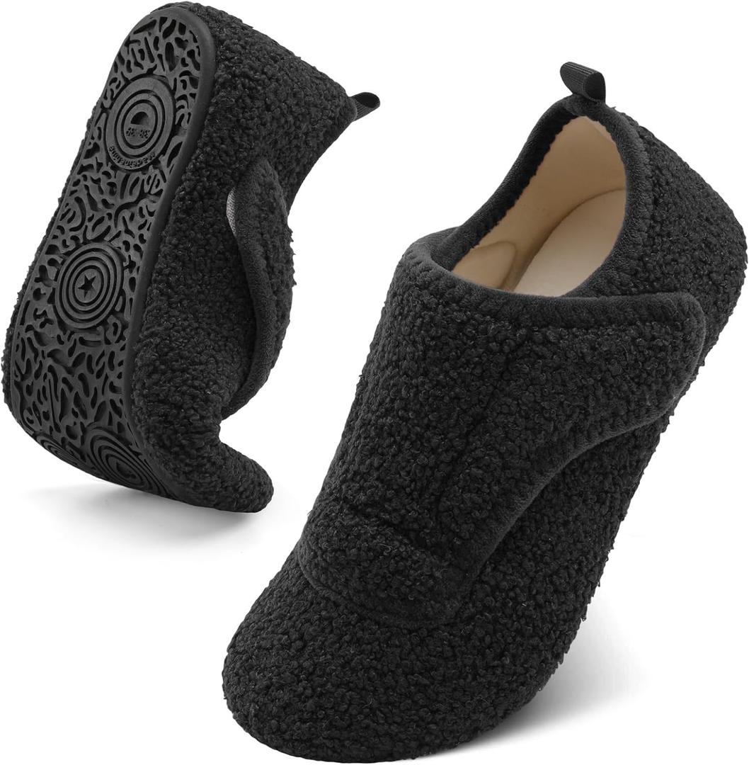 BARERUN Slippers for Women Men Wide House Diabetic Shoes for Women Men Warm Arthritis Edema Swollen Neuropathy Socks Slip on Adjustable Fuzzy Comfy Soft Womens Mens Bedroom Sliipers (8-9 Women/6.5-7.5 Men, Black)