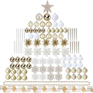 Vercraft 104 Pcs Christmas Tree Decorations Set, Shatterproof Christmas Ball Ornaments Poinsettia Decorations Ribbon Tree Topper for Xmas Holiday Wedding Party(Gold)