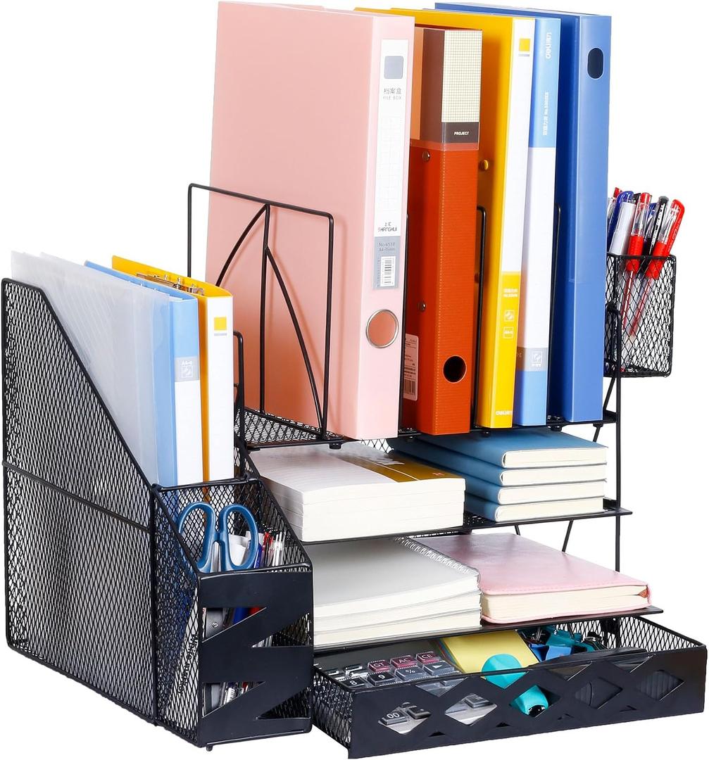 4-Tier Desk Organizer, Paper Letter Tray with Sliding Drawer and 2 Pen Holders, Mesh File Organizer with 4 Vertical File Rack, Desktop Storage for Office(Black)