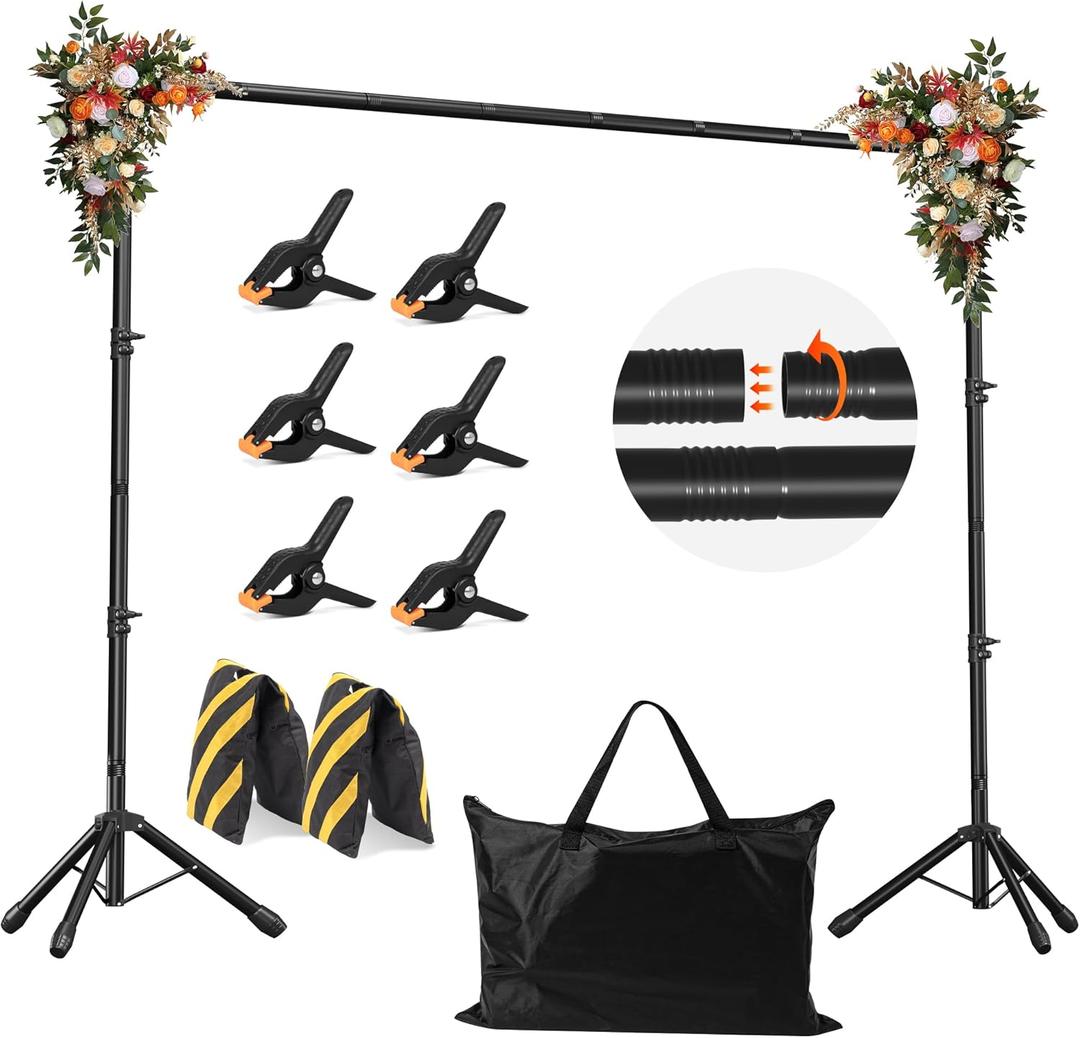 Backdrop Stand, Adjustable 10x7.5 FT Background Stand Backdrop for Parties, Photo Video Studio, Portable Photography Backdrop Stand with Carrying Bag, 6 Backdrop Clamps, and 2 Stand Bags