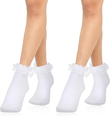 2 Pairs White Frilly Lace Socks With Bows for Women and Girls - Super Soft Anklet Socks for School