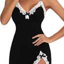 Aranmei Women Sexy Lace Chemise Nightgown Sleepwear V Neck Full Slip Babydoll Lingerie Sleep Dress (Size Large, Black)