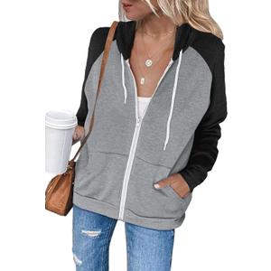 INFITTY Women's Casual Color Block Long Sleeve Zip Up Hooded Sweatshirt Lightweight Hoodies Jacket with Pocket (Gray, S)
