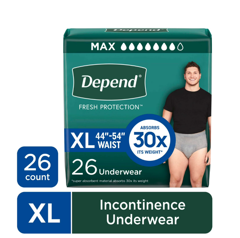 Depend Fresh Protection Adult Diapers, Incontinence Underwear for Men, Disposable, Maximum, Extra Large, Grey, 26 Count