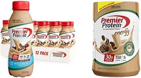 Premier Protein Café Latte Protein Shake, 30g Protein, 1g Sugar, 24 Vitamins & Minerals + Premier Proitein Café Latte, 100% Whey Protein Powder, 30g Protein, 1g Sugar, 17 servings, Pack Of 12 BB 5/18/26
