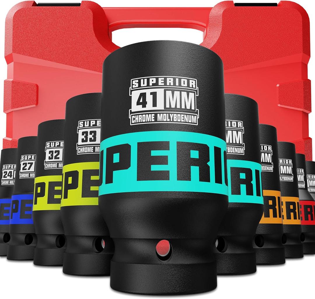 10 Piece 1" Drive Deep Impact Socket Set, 21mm-41mm, Metric, Heavy Duty CR-MO, 6-Point Design, Large Automotive Repairs, Truck, Excavators