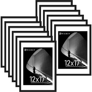Picrit 12x17 Picture Frame Set of 12, Display 11 x 14 with Mat or 12 x 17 without Mat, Photo Frames for Wall Mounting Display, Black