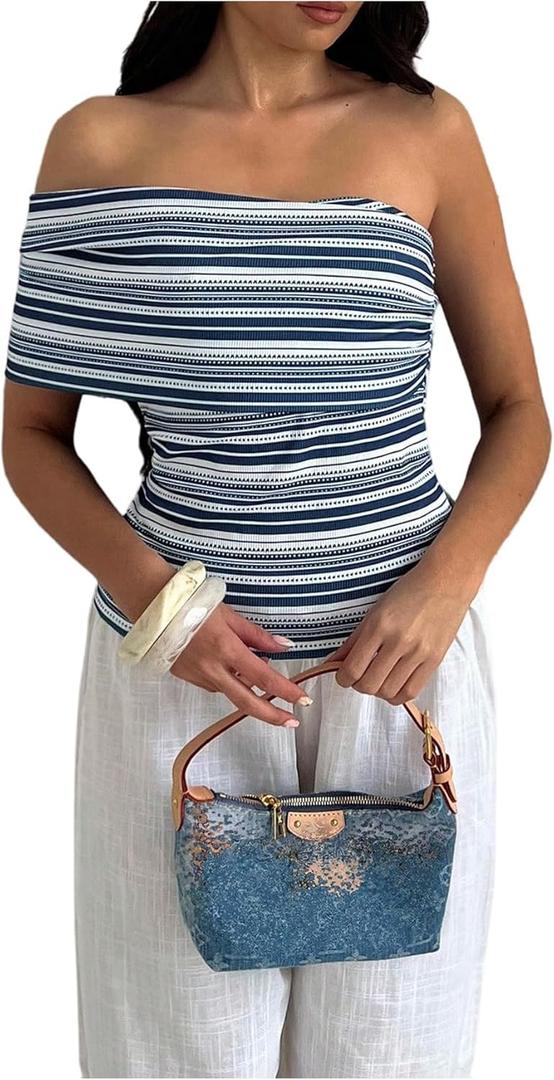 GORGLITTER Women's Striped Off The Shoulder Tops Asymmetrical Neck Sexy Going Out Top (M)