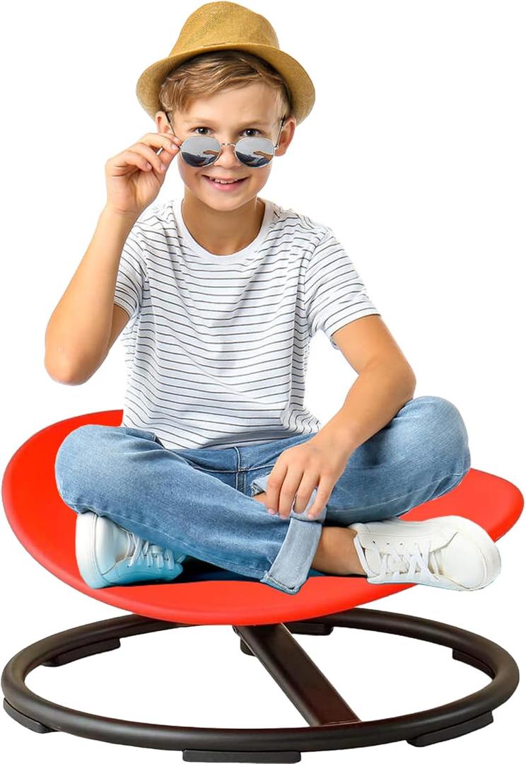 Autism Kids Swivel Chair, Sensory Spinning Chair for Kids, Toddler Spinner seat Carousel Spin Sensory Chair for Kids, Training Body Coordination,Metal Base Non Slip Safer (Red)