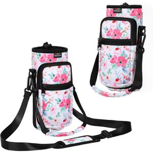 Nuovoware Water Bottle Carrier Bag,25oz/40oz/64oz Bottle Pouch Holder,Adjustable Shoulder Hand Strap 2 Pocket Sling Neoprene Sleeve Sports Accessories for Hiking Travelling Camping (Floral Pink)