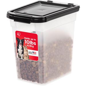 IRIS USA Airtight Dog Food Storage Container, WeatherPro, Up to 10 lbs, For Dog Cat Bird and Other Pet Food Storage Bin, Keep Fresh, Translucent Body, Made in USA, Clear/Black 20.06"L x 16.13"W x 10.25"H