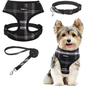 SCENEREAL No Pull Dog Harness Collar and Leash Set Small Medium Sized Dog, Soft Mesh Step in Puppy Harnesses, No Chock Plaid Adjustible Pet Vest for Outdoor Walking Training and Running, Black XS (XS: Chest Girth: 10"-14")