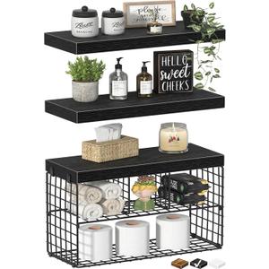 Bathroom Floating Shelves for Wall - Shelf Over Toilet Storage Small Farmhouse Decor Shelves (15.7 inch, Set of 3, Black)