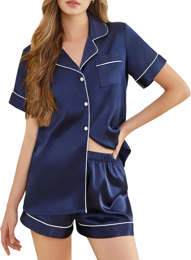 Silk Pajamas for Women Short Sleeve Sleepwear Soft Button Down Loungewear 2 Piece Satin Pjs Shorts Set (Blue, M)