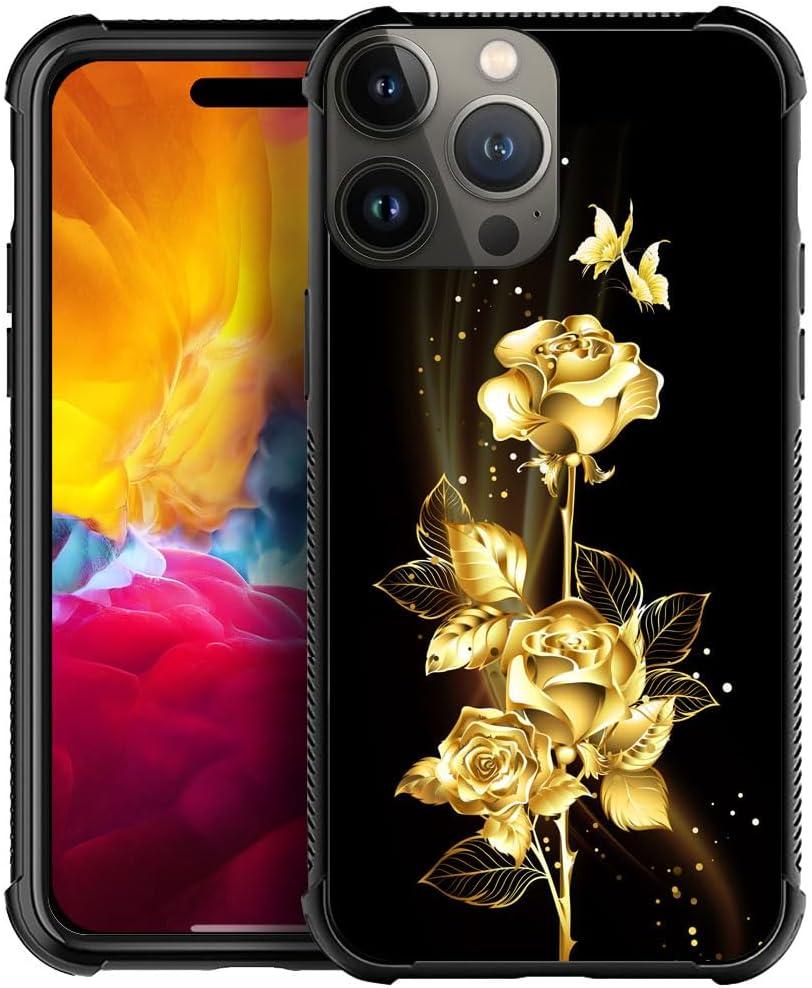 DJSOK Compatible with iPhone 15 Plus CaseDesign Pattern Back Bumper Anti Scratch Reinforced Corners Soft TPU Caver,Cases for Men Women-Golden Butterfly Rose Flower