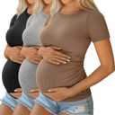 Ficerd 3 Pack Women's Maternity Shirts Cotton Short Sleeve Pregnancy Tops Side Ruched Ribbed Casual Mama tees Clothes (M)