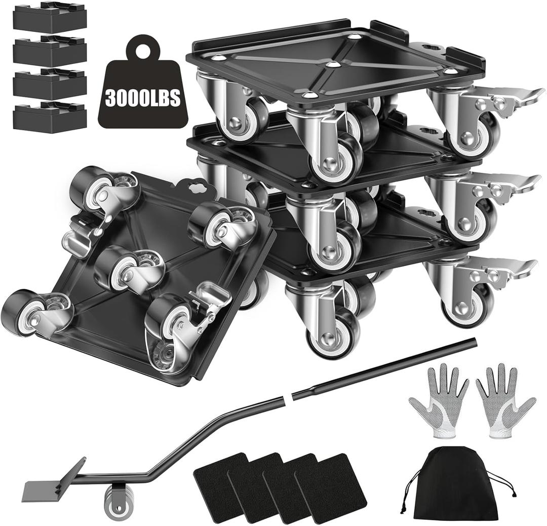 LOYAL TIGER Heavy Duty 3000LBS Furniture Dolly & Movers with 5 Wheels & Brake - 360° Rotating Moving Dolly for Furniture, Piano, Appliances - 6.4 Inch Non-Slip Sliders, Black