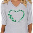 KISSMODA Tops for Women 3/4 Length Sleeves Loose V-Neck Boho T-Shirts Casual Sleeve Tunic Blouses Green Heart Clover 3XL