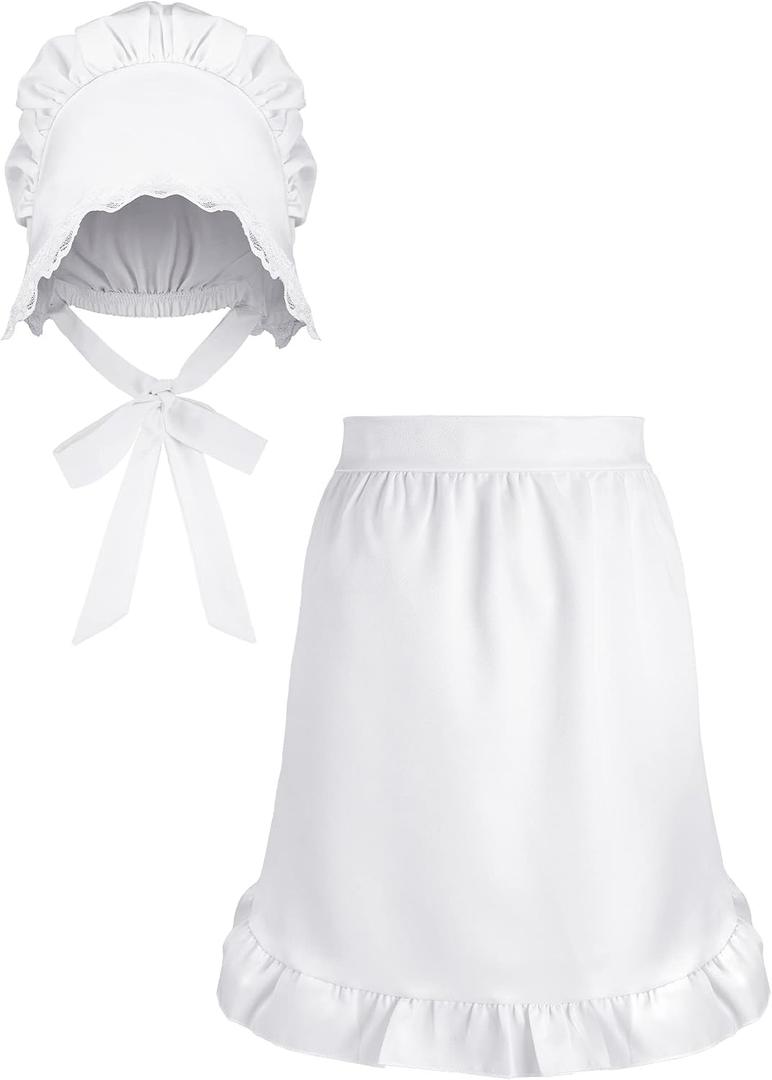 Newcotte 2 Pieces Women Colonial Costume Accessory Set Include White Mob Cap Bonnet Cotton Half Apron for Maid Girl Cosplay Cute
