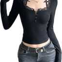 Women Square Neck Long Sleeve Grunge Shirt Tops Lace Trim Y2K Gothic Aesthetic Fairy T Shirts Vintage Tee Fall Clothes (Black, S)