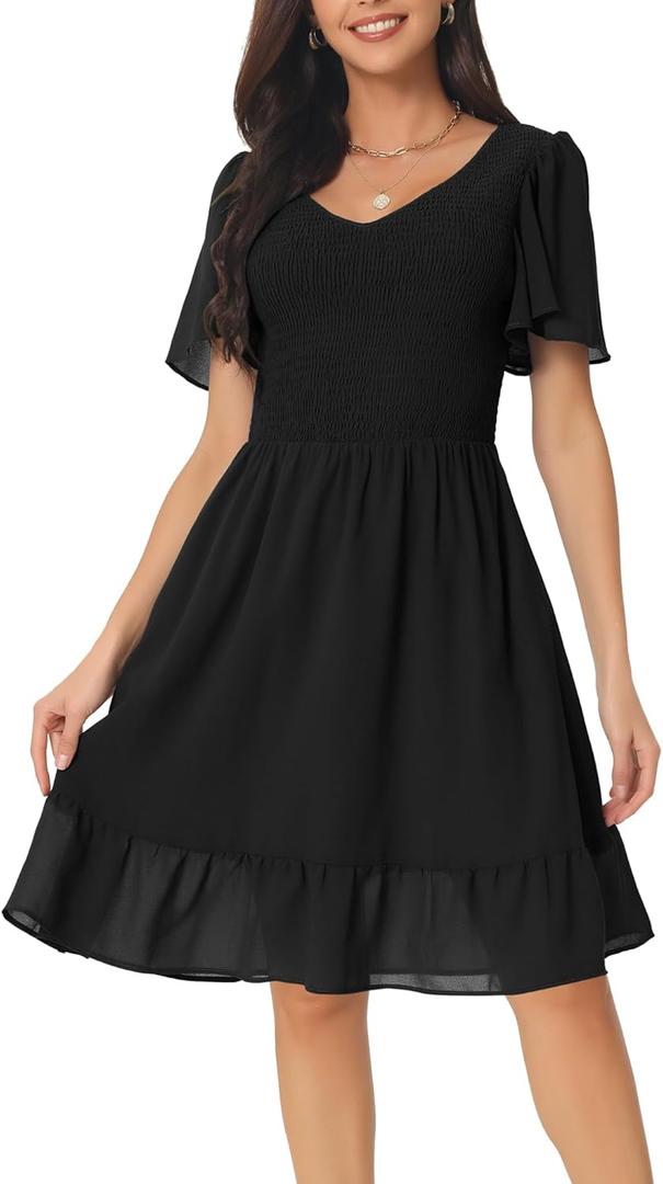 Seta T Women's Summer Chiffon Dresses Smocked V Neck Flutter Short Sleeve Flowy Casual Dress with Pockets (Black), S