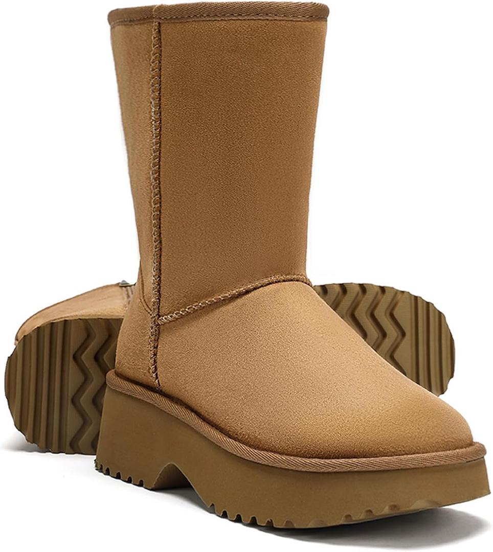 Genuine Suede Women's Snow Boots for Women Mid Calf Boot with Side Zipper Comfortable Warm Winter Boot Anti-Slip Outsole Outdoor Brown Size 7.5 (Brown)