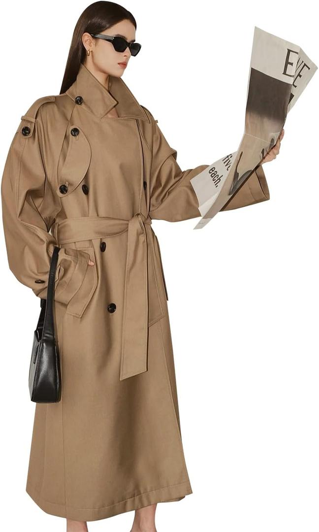 Oversized Long Women’s Trench Coats Double-Breasted Duster Coat Windbreaker Overcoat for Women Spring Fall Outerwear (Beige, L)