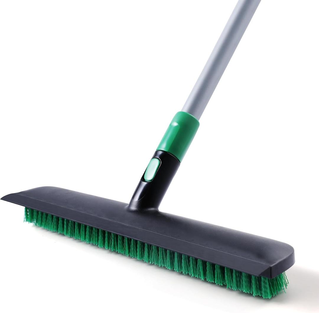 Eyliden X-Large Floor Scrub Brush, 2 in 1 Scrape Brushes with Rubber Squeegee | 55.3" Long Handle, 15" Wide Stiff Bristle Head | Floor Scrubber for Deck Kitchen Shower Bathroom Tub Tile Patio Wall (Black and Green)