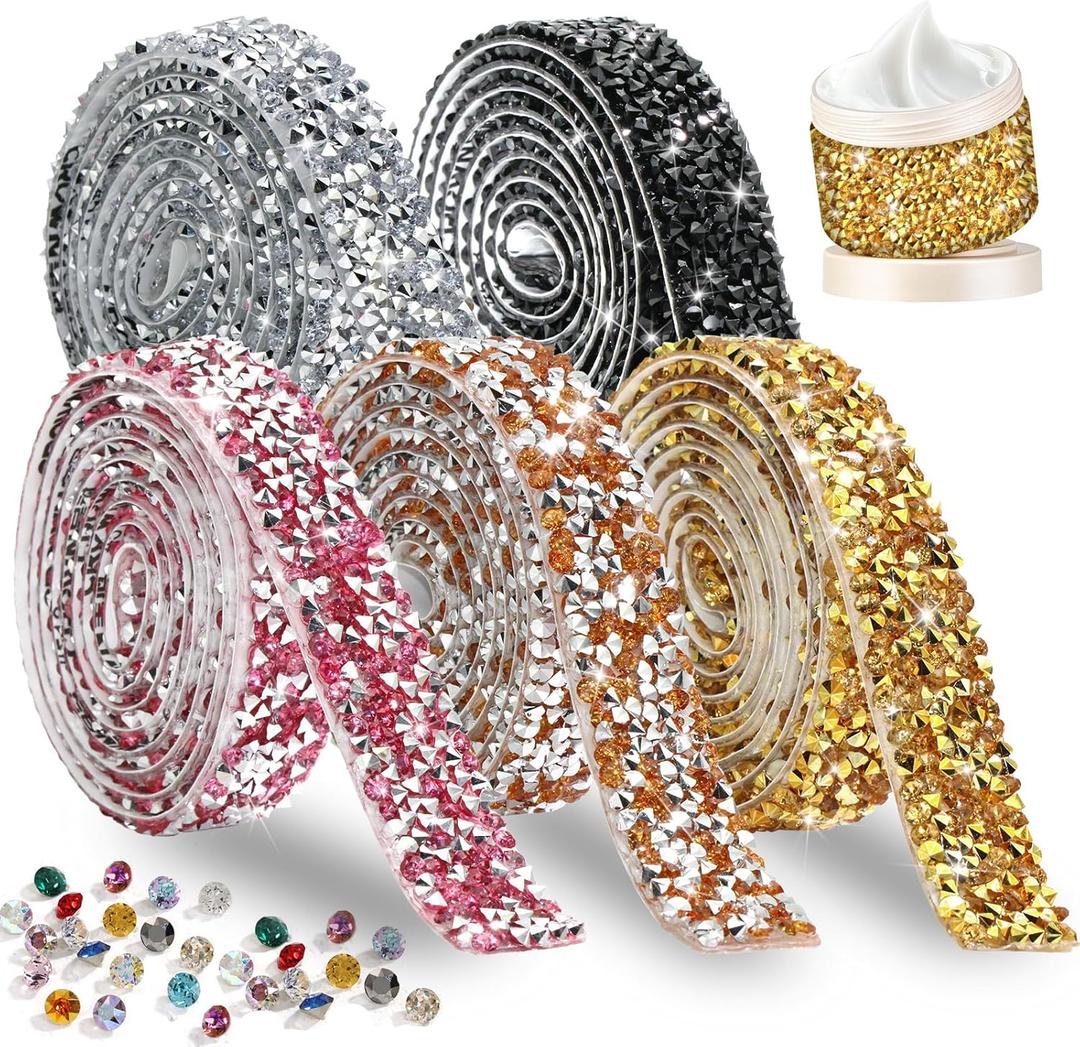 2 x FULZTEY 5 Rolls Rhinestone Ribbon Roll,Mix Colors Crystal Ribbon for DIY Crafts,1.5 cm Wide Diamond Strips Self Adhesive,5 Yards Shiny Rhinestone Tapes for DIY Car Clothes Wedding Party Decoration (White&Black&Rose Red AB&Orange AB&Gold)