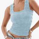 Women's Square Neck Wide Strap Crop Tank Tops Slim Fit Sleeveless Going Out Top Flower Lettuce Trim Cami Tops Size Small, Blue 