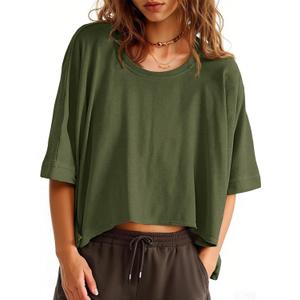 Tankaneo Womens Oversized T-Shirts Cropped Summer Casual Short Sleeve Loose Fit Tee Tops (Green, M)