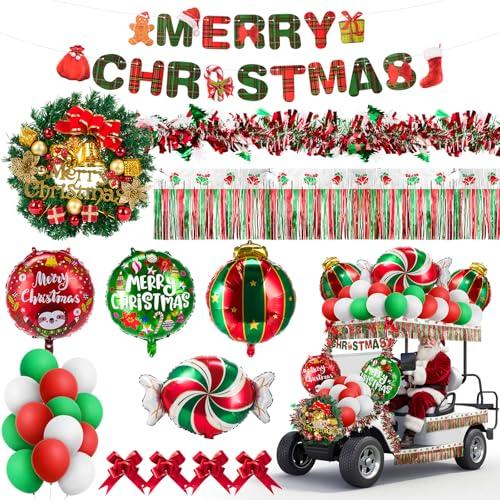 JolliLudo 68 Pcs Christmas Parade Golf Cart Decoration Kit with Red Green White Themed Tinsel Garland, Bows, Banner, Balloons and Stickers for Holiday Parade Party Supplies