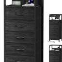 Furnulem 5 Drawers Dresser with Charging Station, Fabric Chest of Drawers with Open Shelf, Tall Night Stand, Bedside Table for Closet, Entryway, Bedroom Furniture, 3 Ways to Use, Black Oak