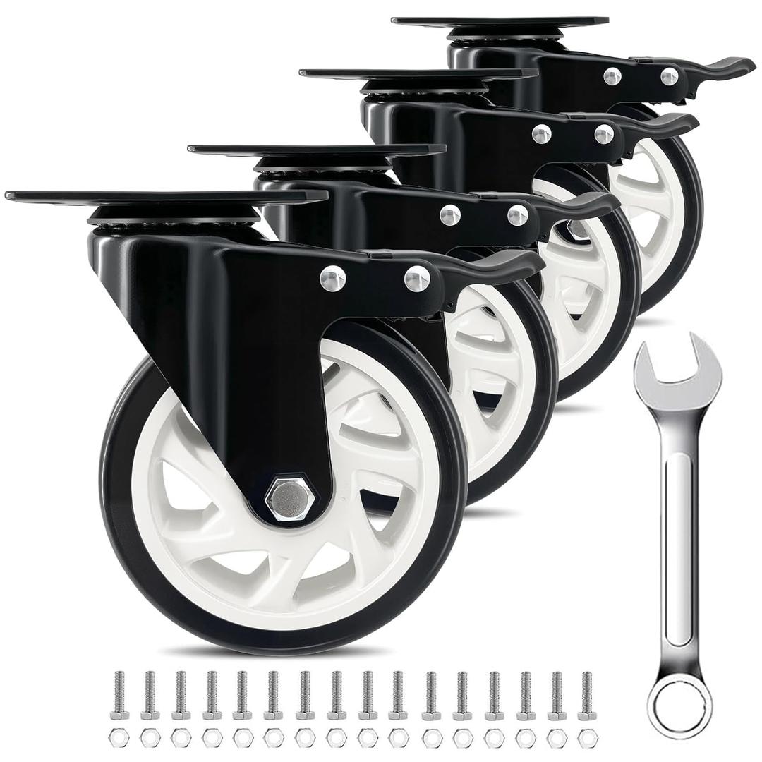 5 Inch Heavy Duty Caster Set of 4, Swivel Plate Castor Wheels with Dual Locking Brakes, Silent Polyurethane (PU) Wheels, 360 Rotation, 2800lbs Load Capacity-Black