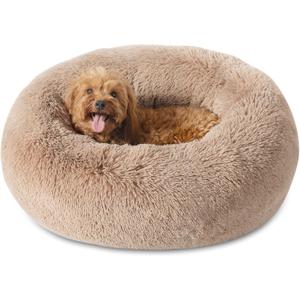 Bedsure Calming Dog Bed for Small Medium Dogs - Donut Washable Medium Puppy Bed, 27 inches Anti-Slip Round Fluffy Plush Faux Fur Pet Bed, Camel