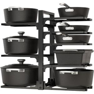 Adjustable Pots and Pans Organizer Under Cabinet, 8-Tier Pot and Pan Organizers Inside Cabinet, Kitchen Cabinet Organizers and Storage, Black (Regular)