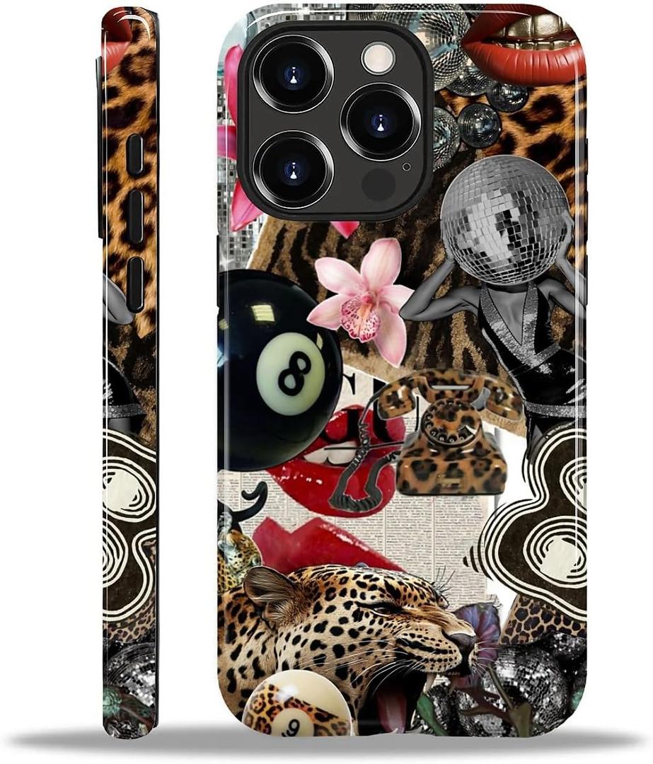 Compatible with iPhone 15 Pro Max Case - Dual-Layer Protection, Hard Shell with Silicone Interior,Slim Scratch Resistant Shockproof for Woman Men - Leopard Print Retro Collage