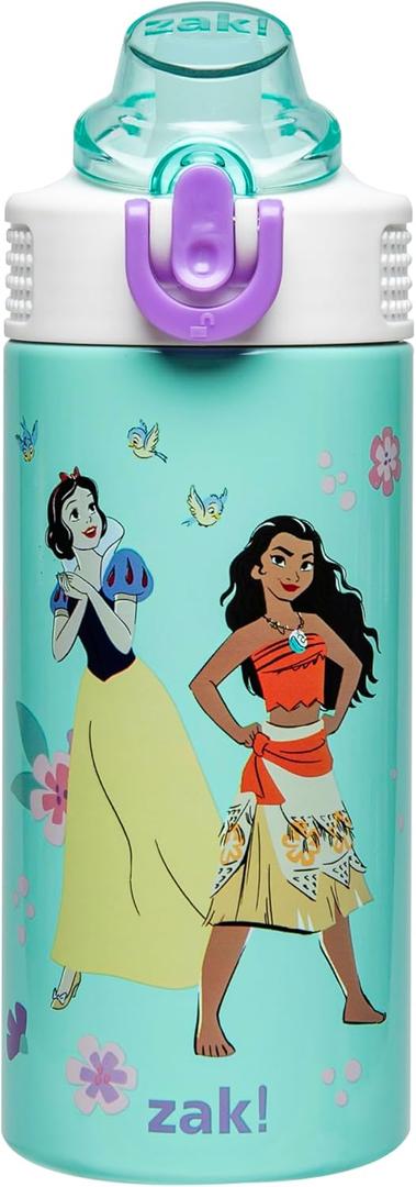 Zak Designs Disney Princess Kids Water Bottle For School or Travel, 14oz Stainless Steel Water Bottle With Straw, Handle, and Leak-Proof, Pop-Up Spout Cover (Ariel, Moana, Snow White, Tiana)